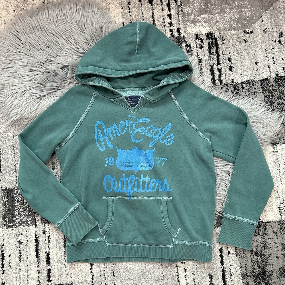 American Eagle Outfitters Hoodie Womens Large Green Pullover 1977 Graphic Y2K